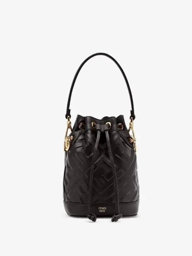 Luxury Fendi Mon Tresor FF Motif Leather Mini Bucket Bag Black