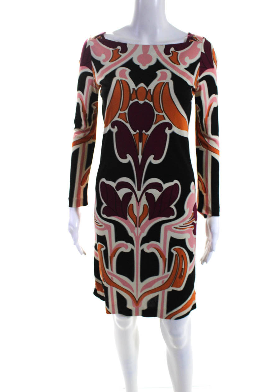 Gucci Womens Black Multi Printed Boat Neck Long Sleeve Shift Dress