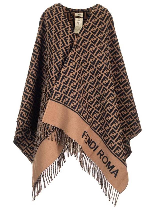 Luxury Fendi Roma Allover Logo Wool Cashmere Cape Brown