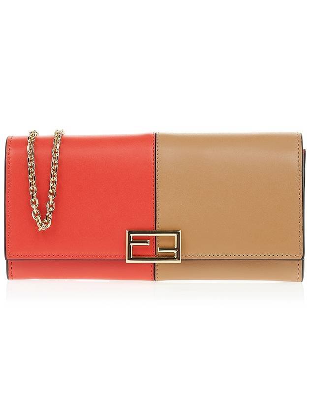 Luxury Fendi FF Continental Chain Leather Long Wallet Brown Red