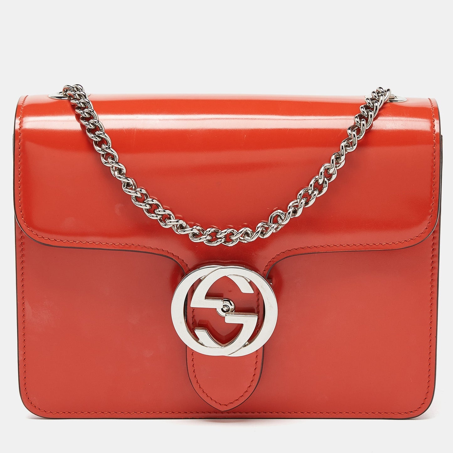 Luxury Gucci Trending 2025 Orange Patent Leather Small Interlocking G Crossbody Bag
