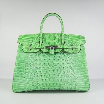 Luxury Hermes Birkin 35cm Crocodile Head Veins Handbags Green Silver