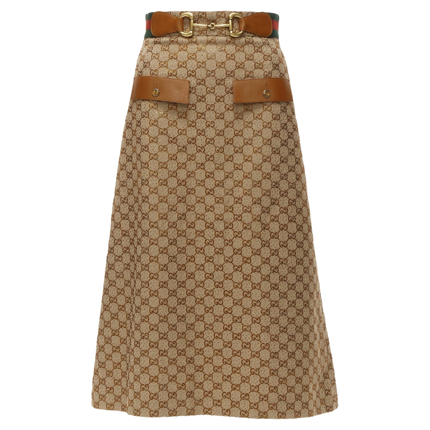 Gucci Aria GG monogram crystal leather horsebA-line midi skirt