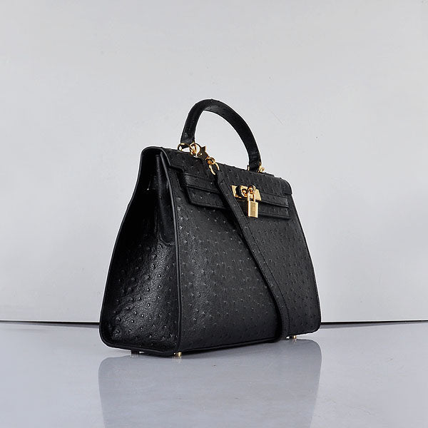 Luxury Hermes Kelly 32cm Ostrich Vein 6108 Black Golden