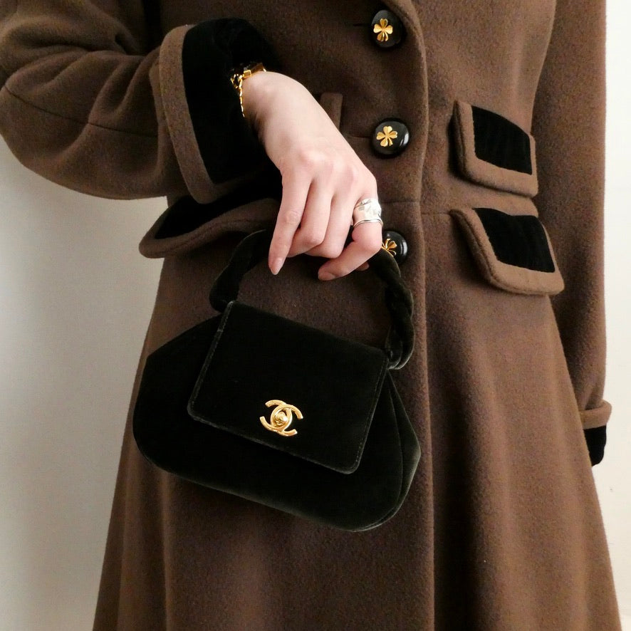 Luxury Chanel * 1994-1996 Top Handle Bag Dark Green Velvet