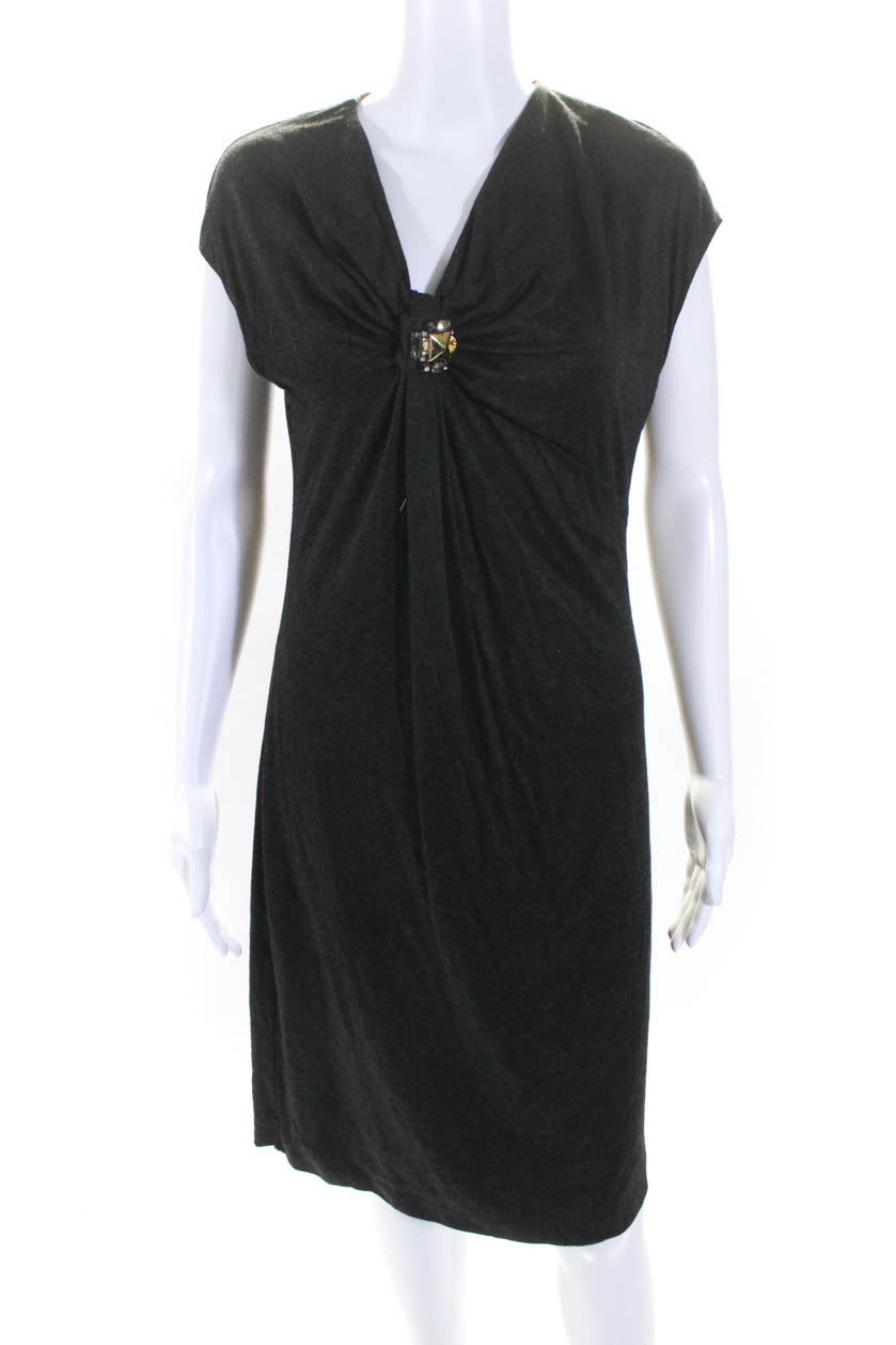Gucci Womens Jeweled V Neck Short Sleeves Midi Dress Gray