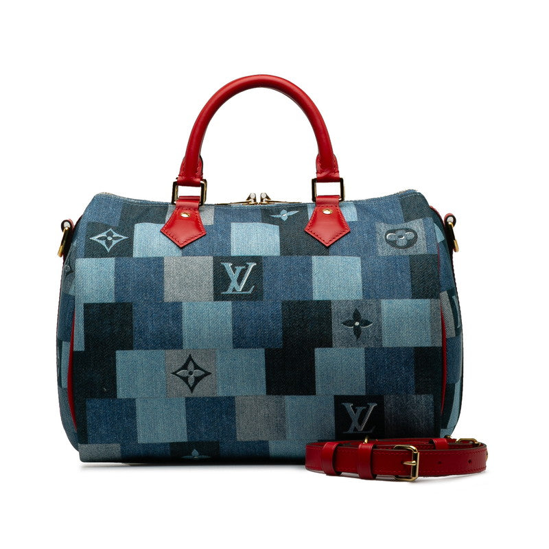 Louis Vuitton Monogram Denim Speedyy Bandouliere 30 Square Patchwork Handbag Shoulder Bag 2WAY M45041 Blue Red Denim Leather  Louis Vuitton