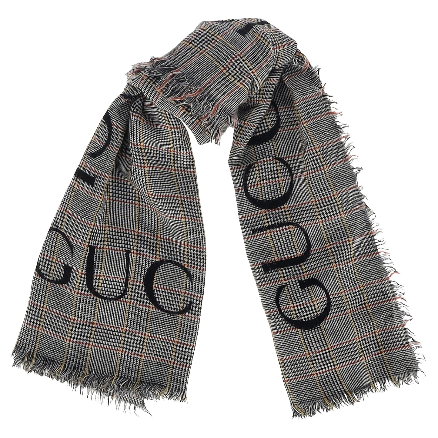 Luxury Gucci Trending 2025 Fringed Logo-Print Prince of Wales Checked Scarf in Gray Wool