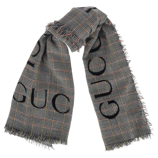 Luxury Gucci Trending 2025 Fringed Logo-Print Prince of Wales Checked Scarf in Gray Wool