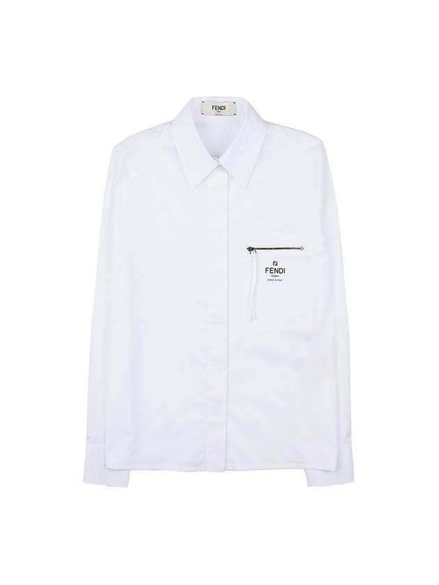 Luxury Fendi Chest Logo Zipper Cotton Long Sleeve Shirt White