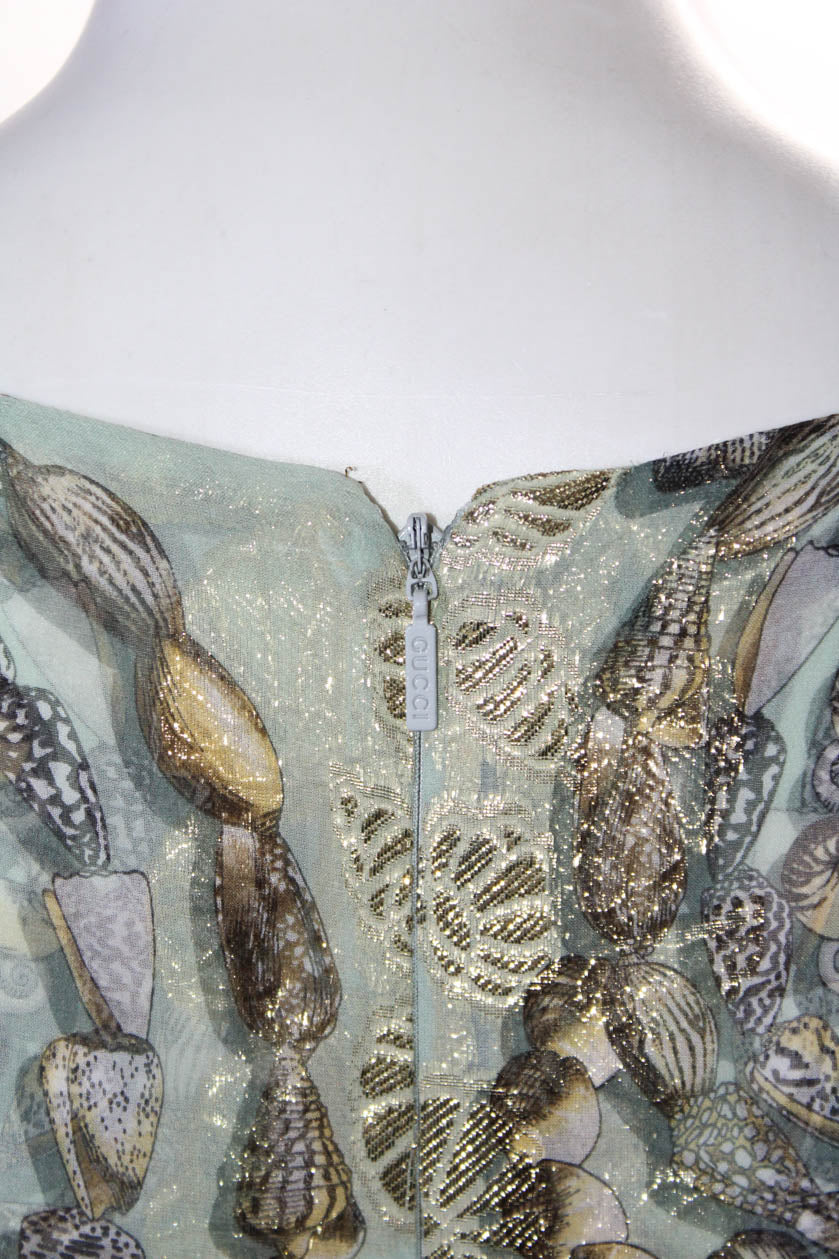 Gucci Womens Silk Sea Shell Print V Neck Maxi Dress Multi Colored