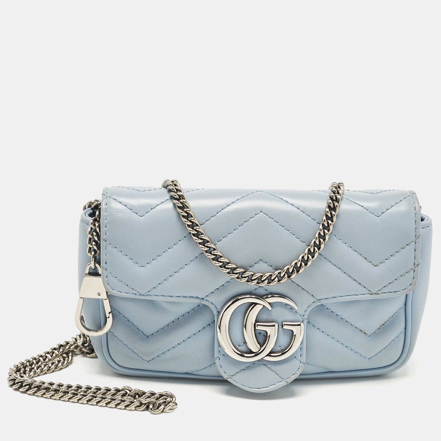 Luxury Gucci Trending 2025 Light Blue Matelass&eacute; Leather Super Mini GG Marmont Shoulder Bag