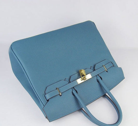 Luxury Hermes Birkin 35cm Cattle Skin Vein Handbags Blue Golden