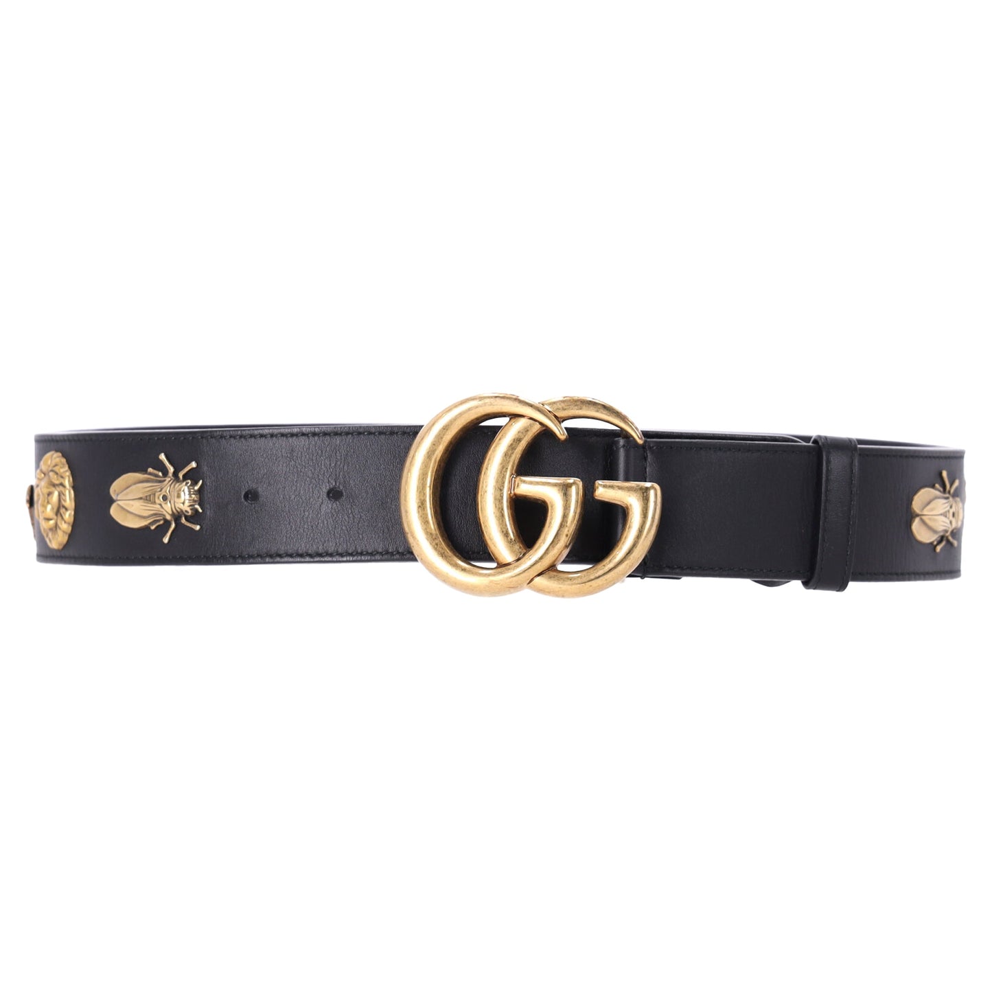 Gucci Marmont Bug Medallion Belt 80/32 in Black Smooth Leather