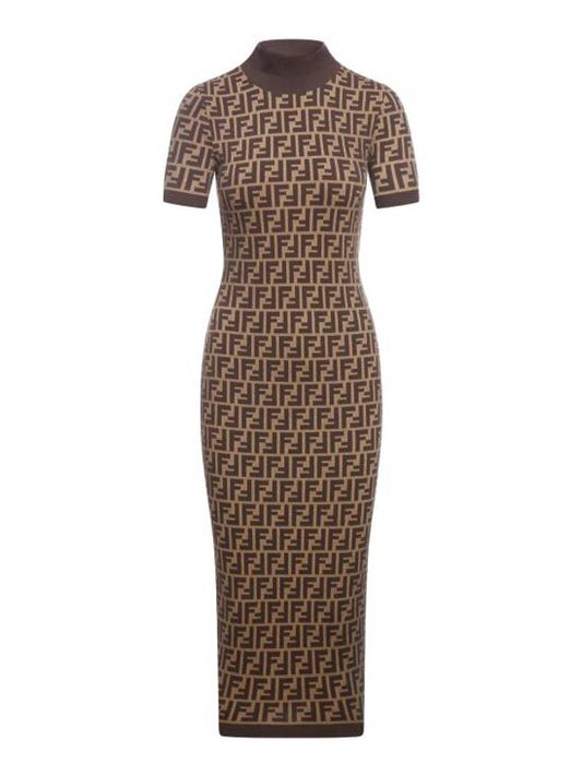 Luxury Fendi FF Cotton Midi Dress Brown