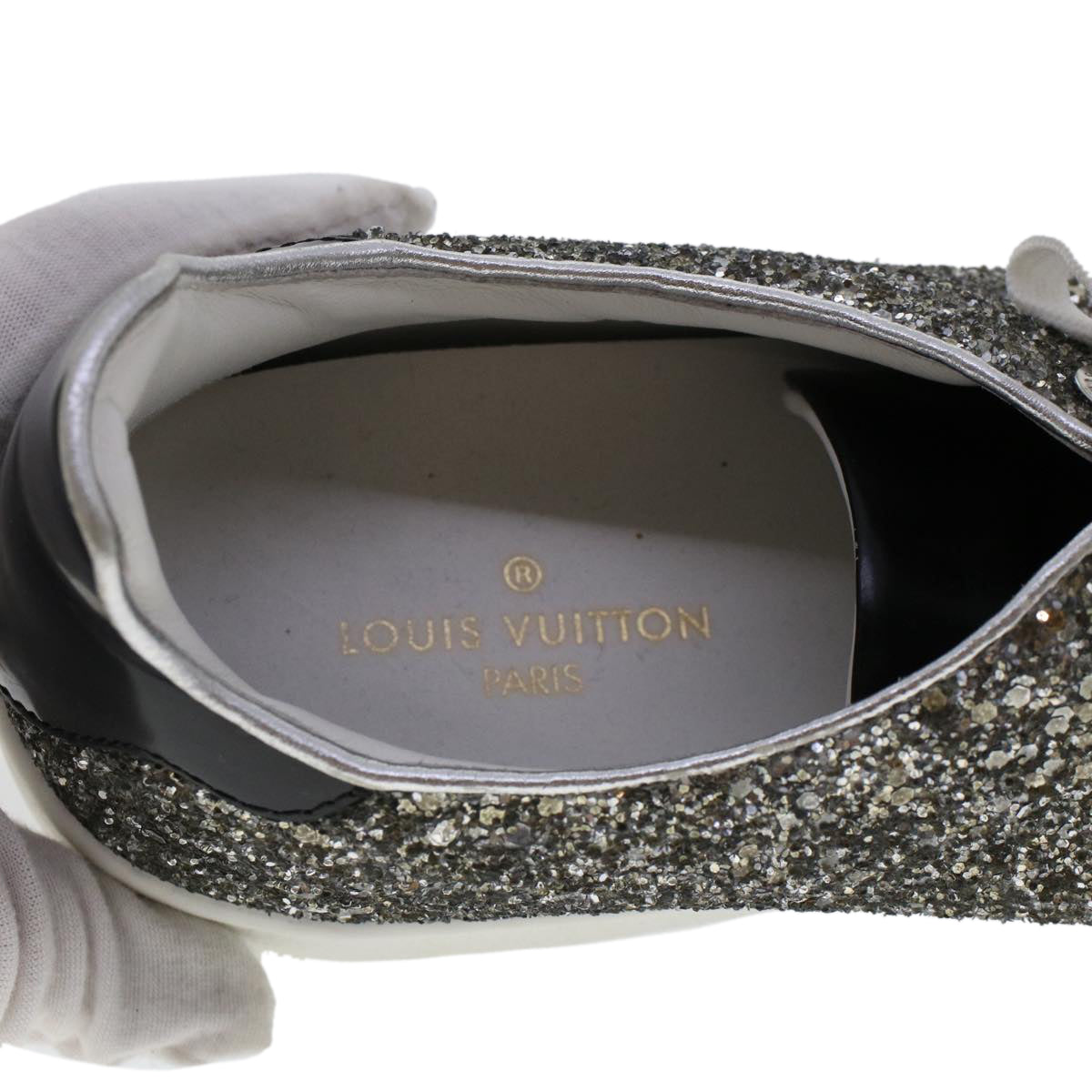 LOUIS VUITTON Front Low Line Glitter Sneakers Leather 38.5 Silver LV ak199