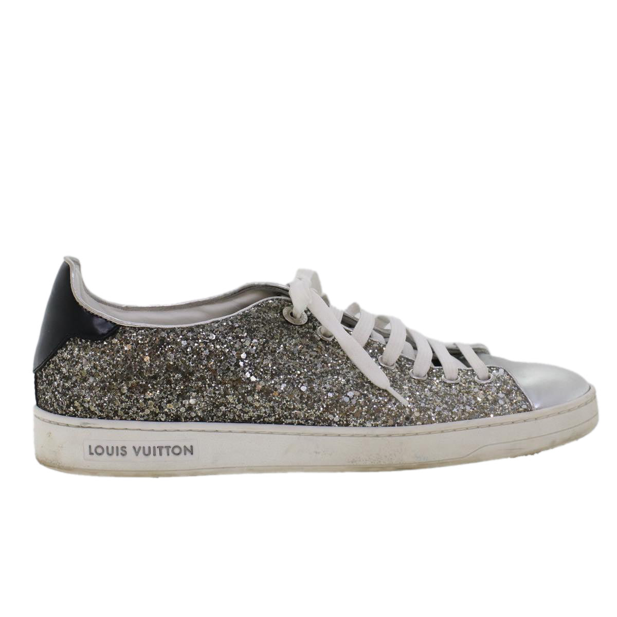 LOUIS VUITTON Front Low Line Glitter Sneakers Leather 38.5 Silver LV ak199