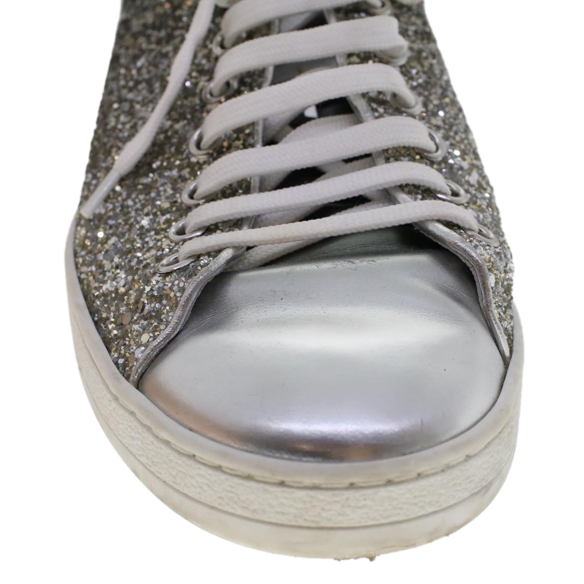 LOUIS VUITTON Front Low Line Glitter Sneakers Leather 38.5 Silver LV ak199