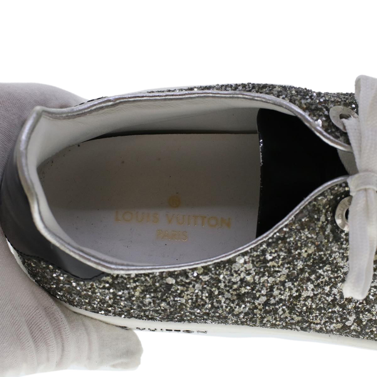 LOUIS VUITTON Front Low Line Glitter Sneakers Leather 38.5 Silver LV ak199