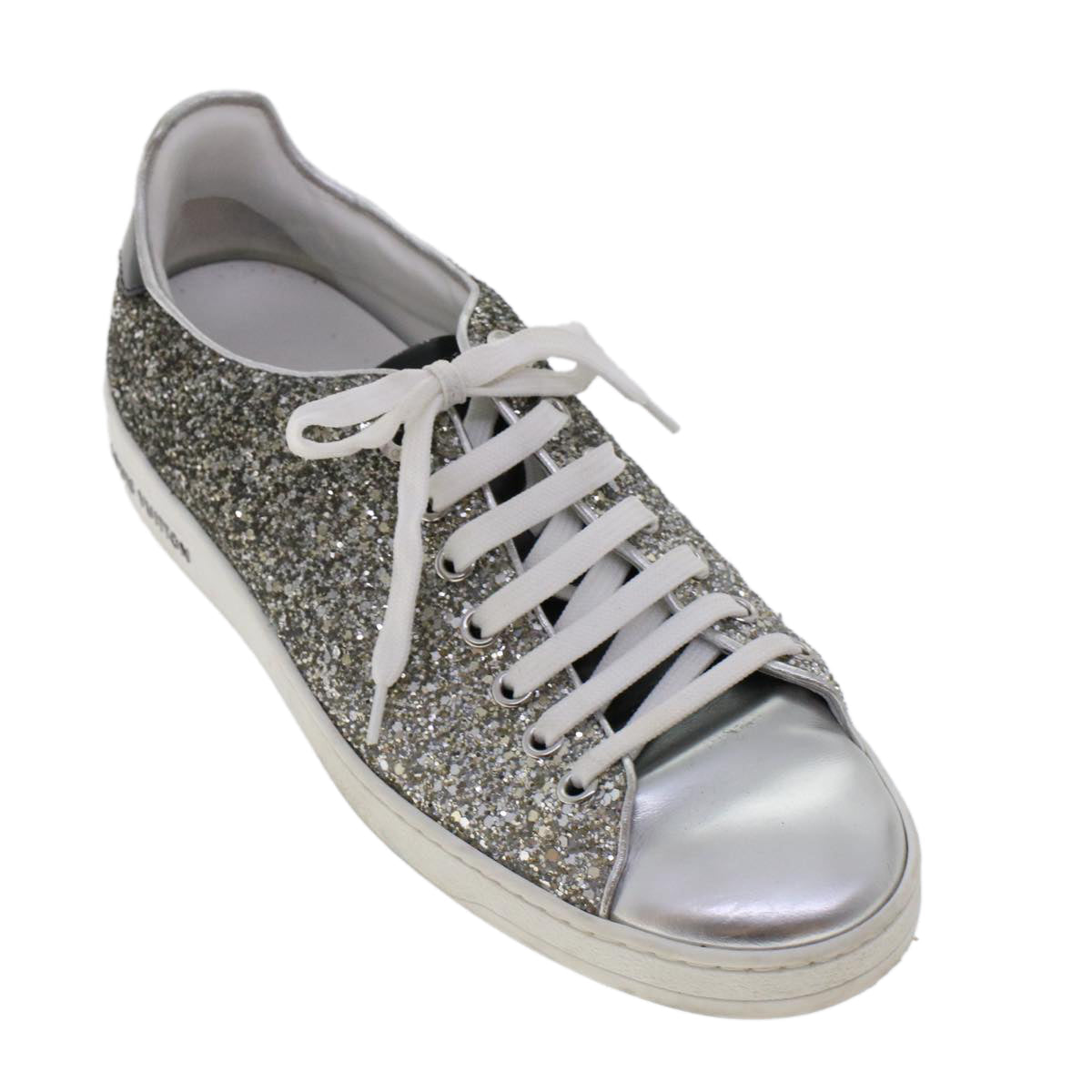 LOUIS VUITTON Front Low Line Glitter Sneakers Leather 38.5 Silver LV ak199