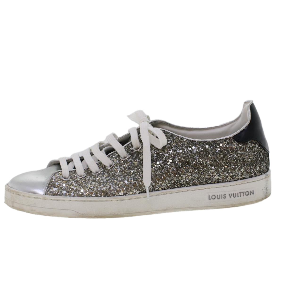 LOUIS VUITTON Front Low Line Glitter Sneakers Leather 38.5 Silver LV ak199