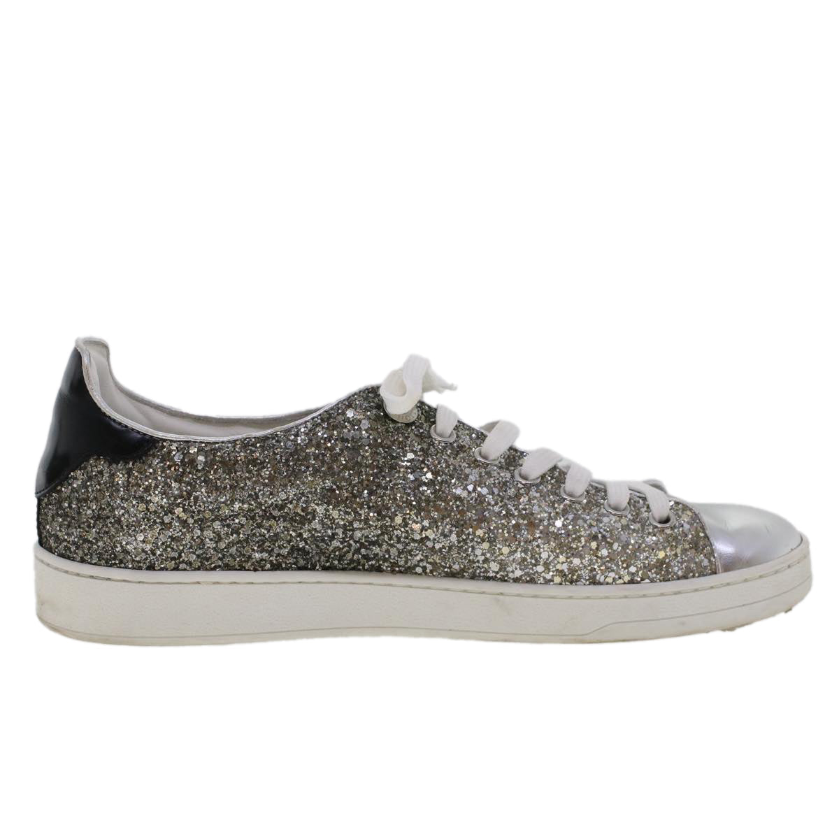LOUIS VUITTON Front Low Line Glitter Sneakers Leather 38.5 Silver LV ak199
