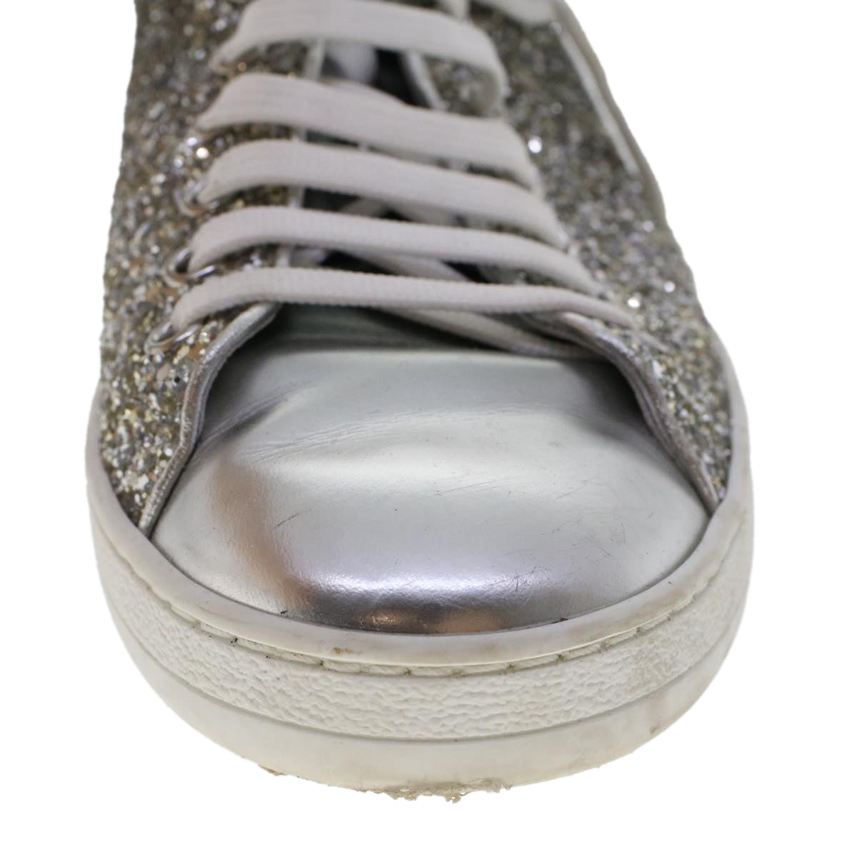 LOUIS VUITTON Front Low Line Glitter Sneakers Leather 38.5 Silver LV ak199