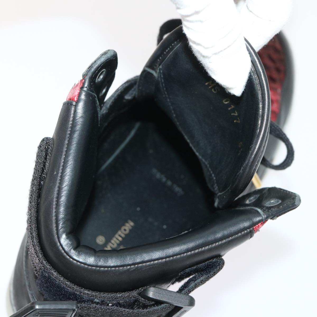 LOUIS VUITTON High Top Sneakers Exotic Leather 5.5 Black Red LV ak201