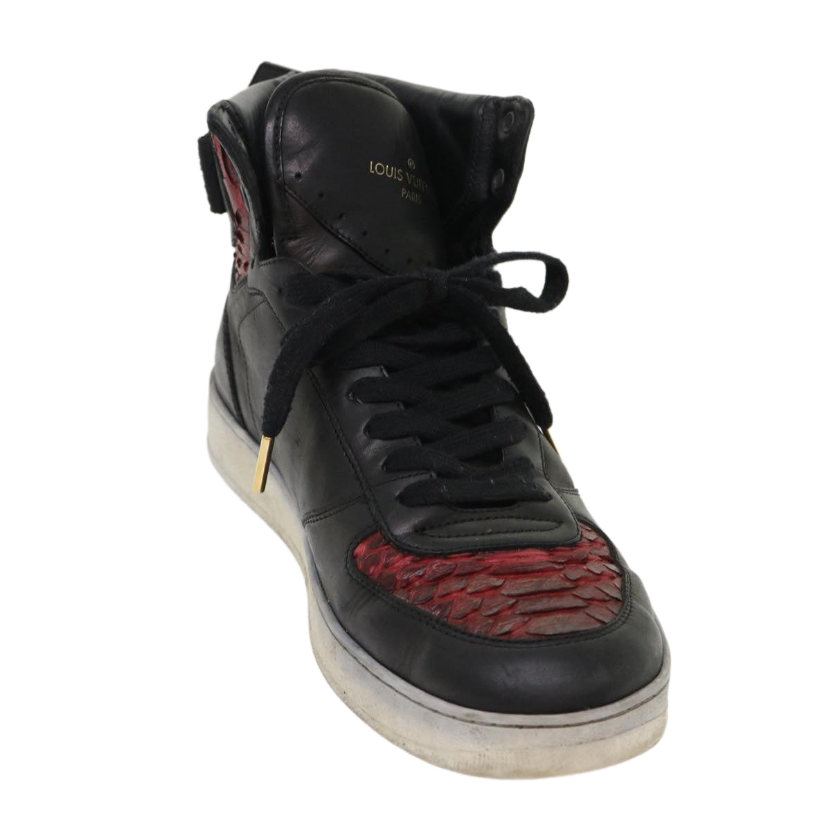 LOUIS VUITTON High Top Sneakers Exotic Leather 5.5 Black Red LV ak201