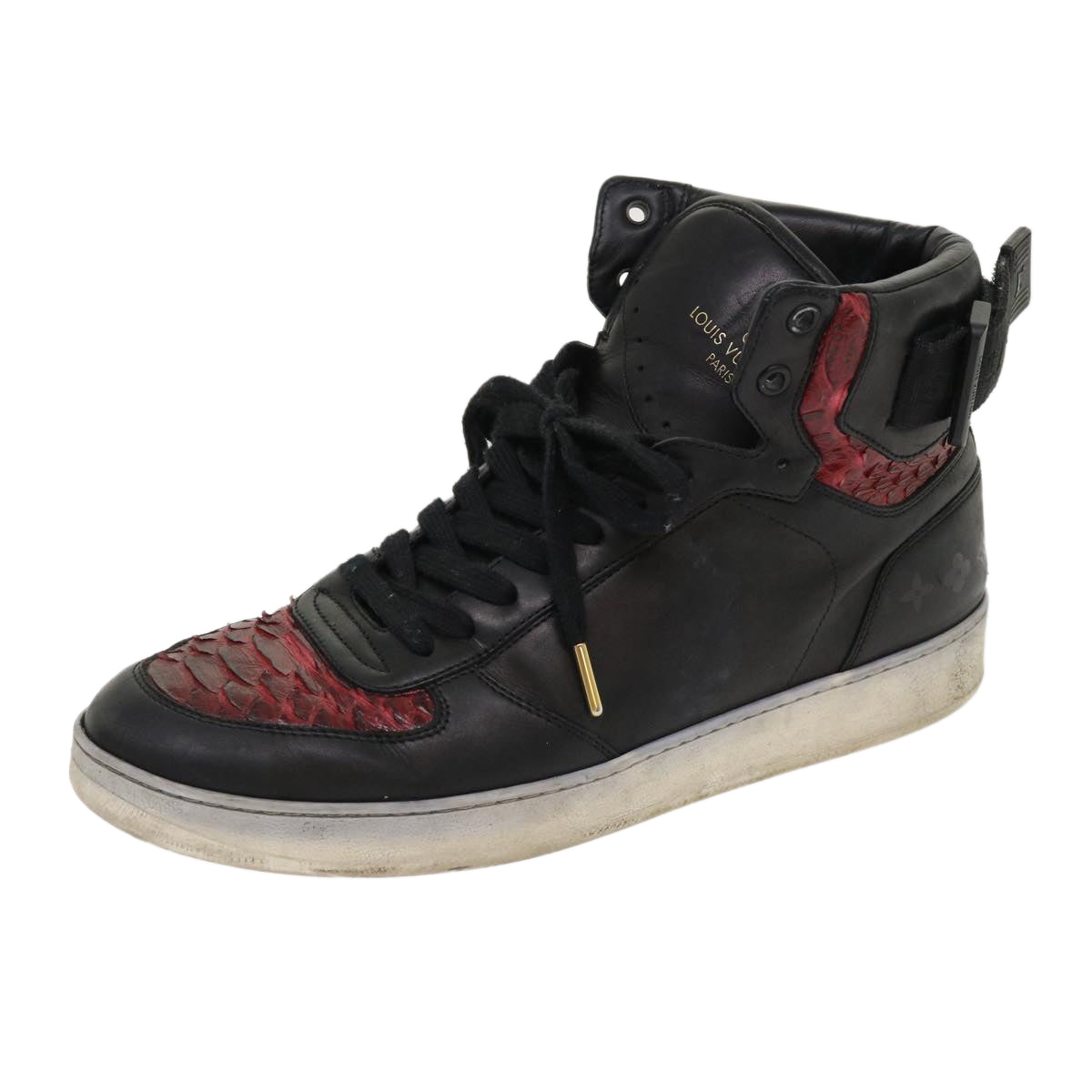 LOUIS VUITTON High Top Sneakers Exotic Leather 5.5 Black Red LV ak201