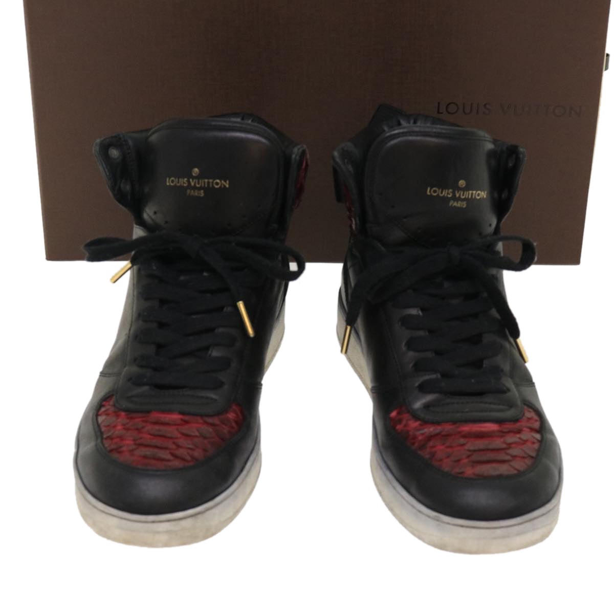 LOUIS VUITTON High Top Sneakers Exotic Leather 5.5 Black Red LV ak201