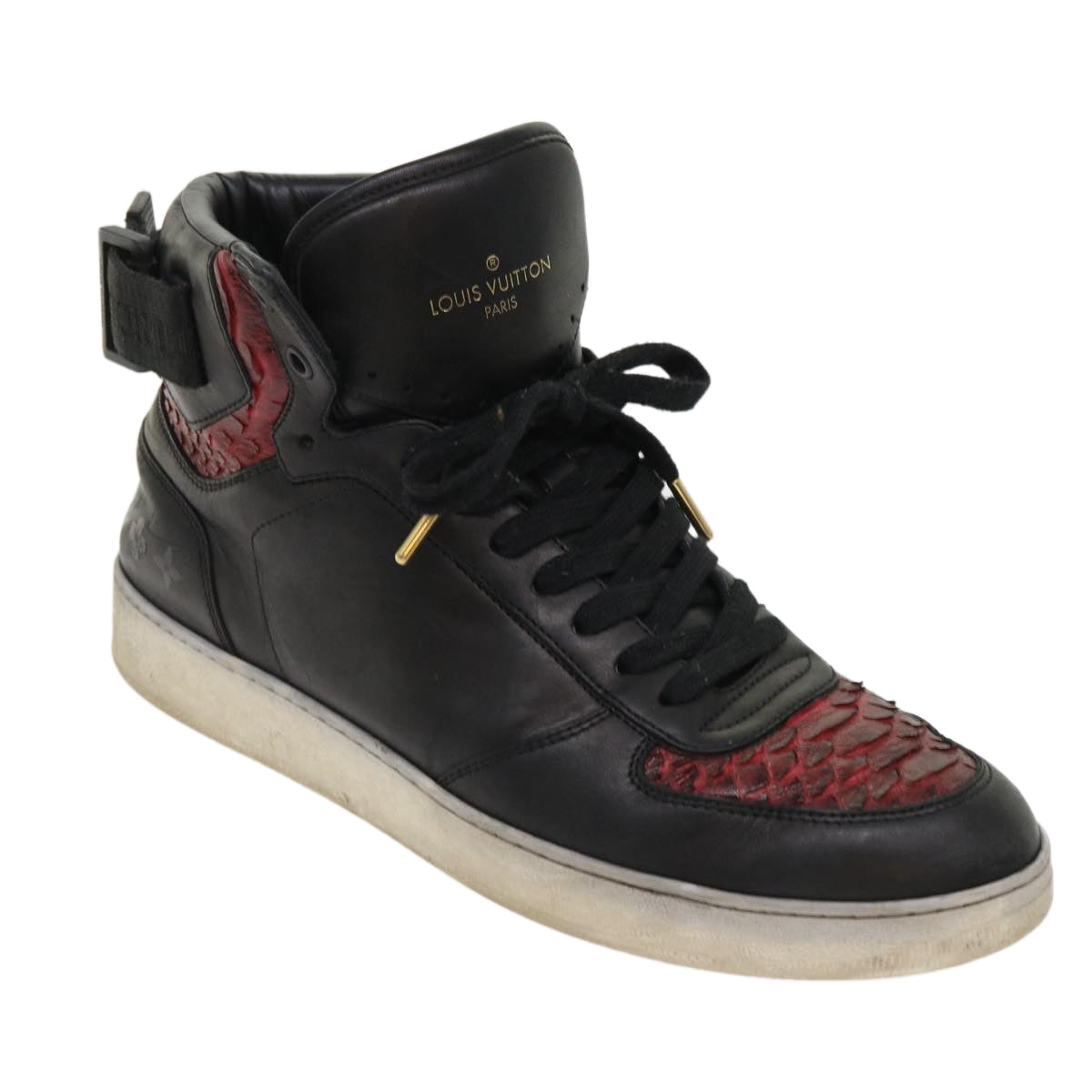 LOUIS VUITTON High Top Sneakers Exotic Leather 5.5 Black Red LV ak201
