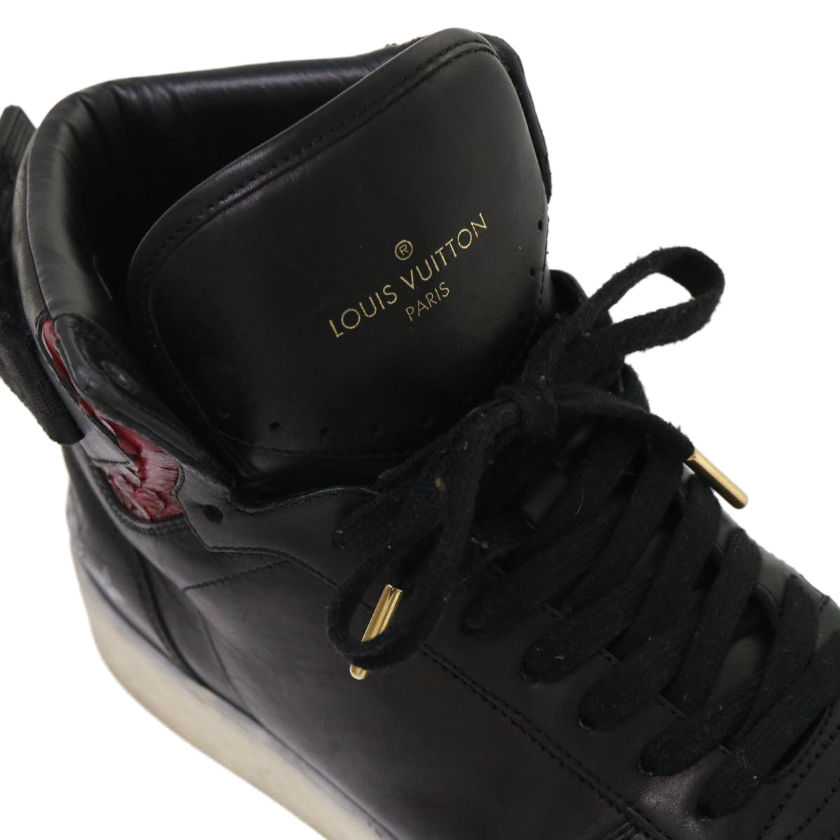 LOUIS VUITTON High Top Sneakers Exotic Leather 5.5 Black Red LV ak201