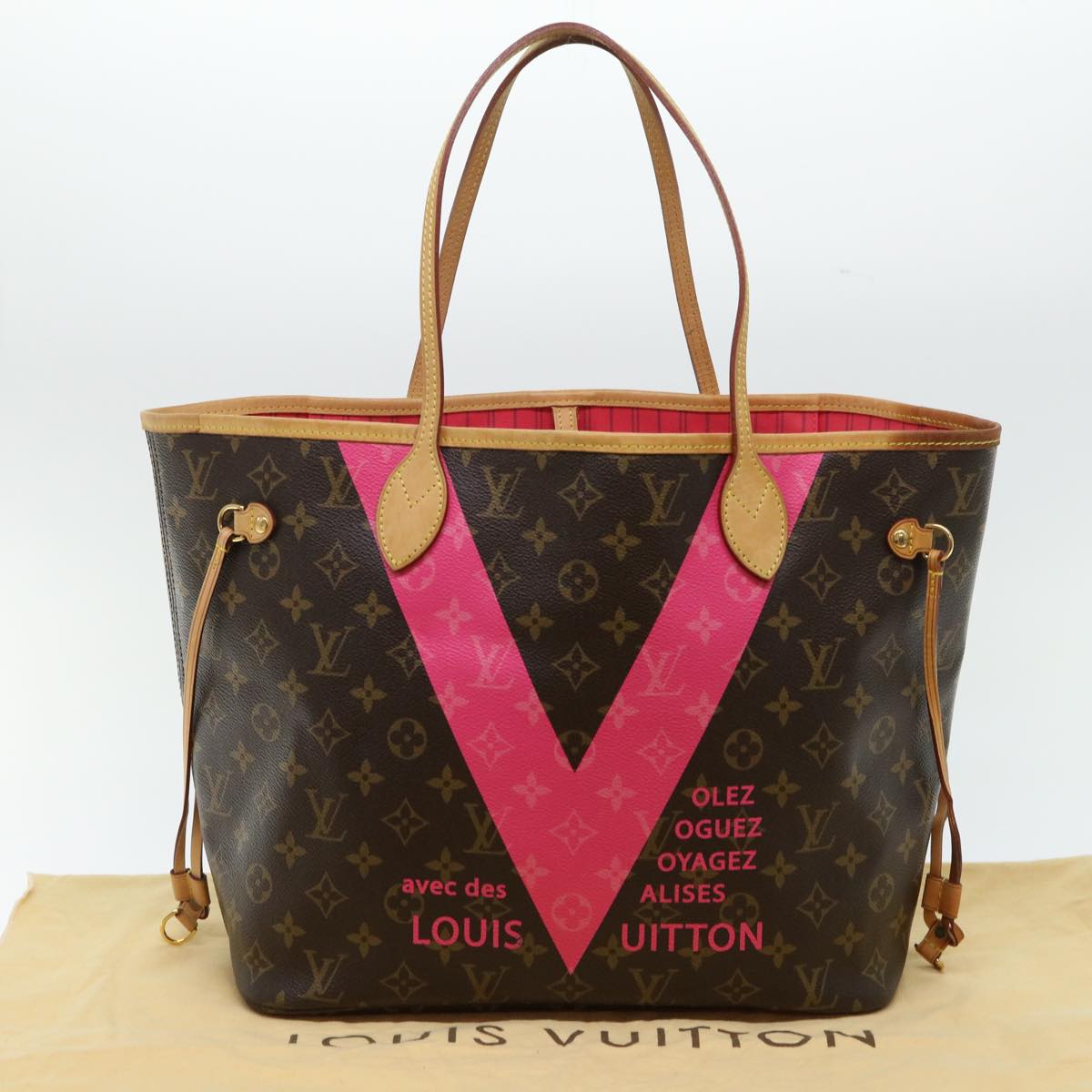 LOUIS VUITTON Monogram V line Neverfull MM Tote Bag Pink M41602 LV am4905