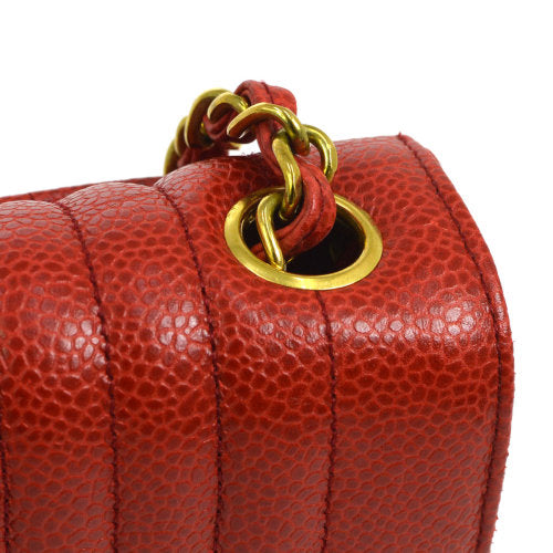 CHANEL★ 1991-1994 Red Caviar Skin Vertical Classic Square Flap Mini ao11085
