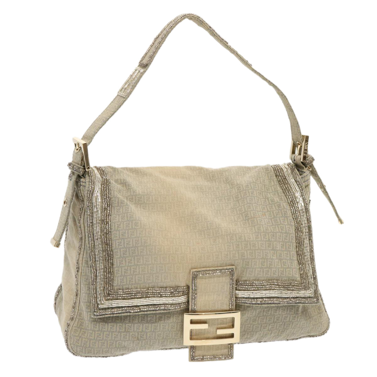 Luxury Fendi Zucchino Canvas Beads Mamma Baguette Shoulder Bag Grayar11697
