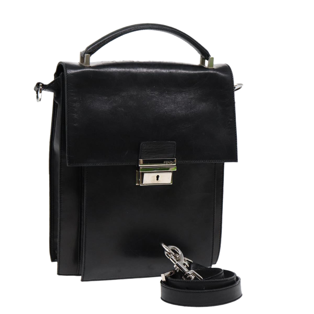 Luxury Fendi Hand Bag Leather 2way Black Silverar12462