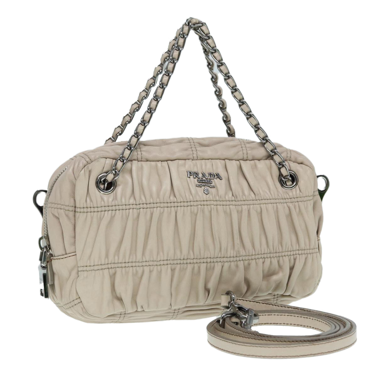 Luxury Prada Gathered Hand Bag Leather 2way Beige Silver BN1407  ar12492