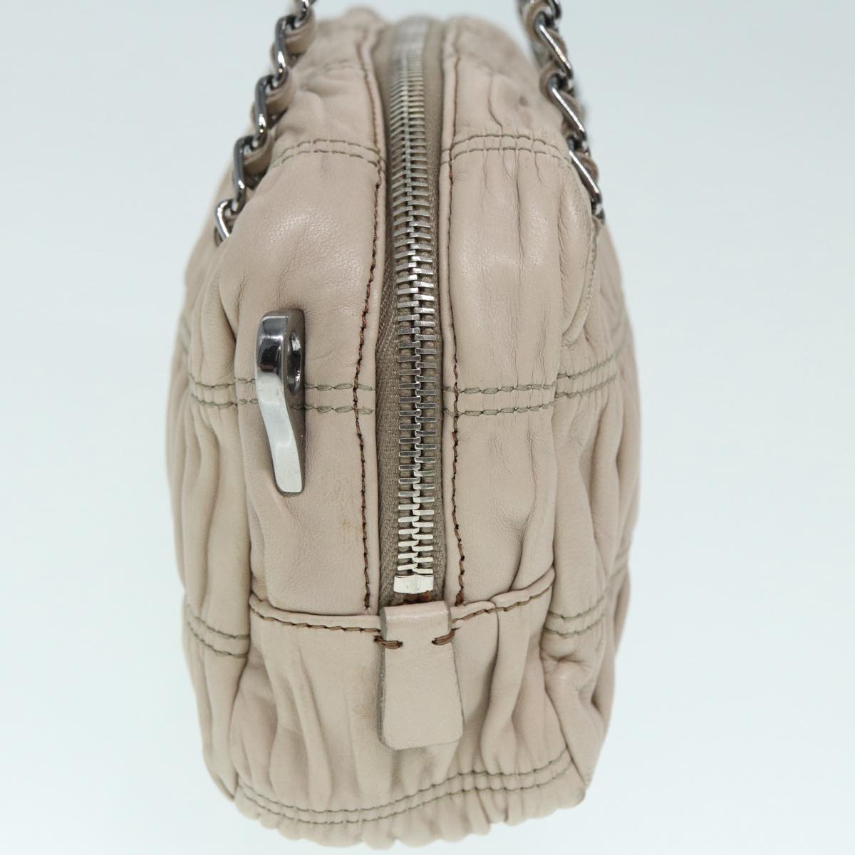 Luxury Prada Gathered Hand Bag Leather 2way Beige Silver BN1407  ar12492