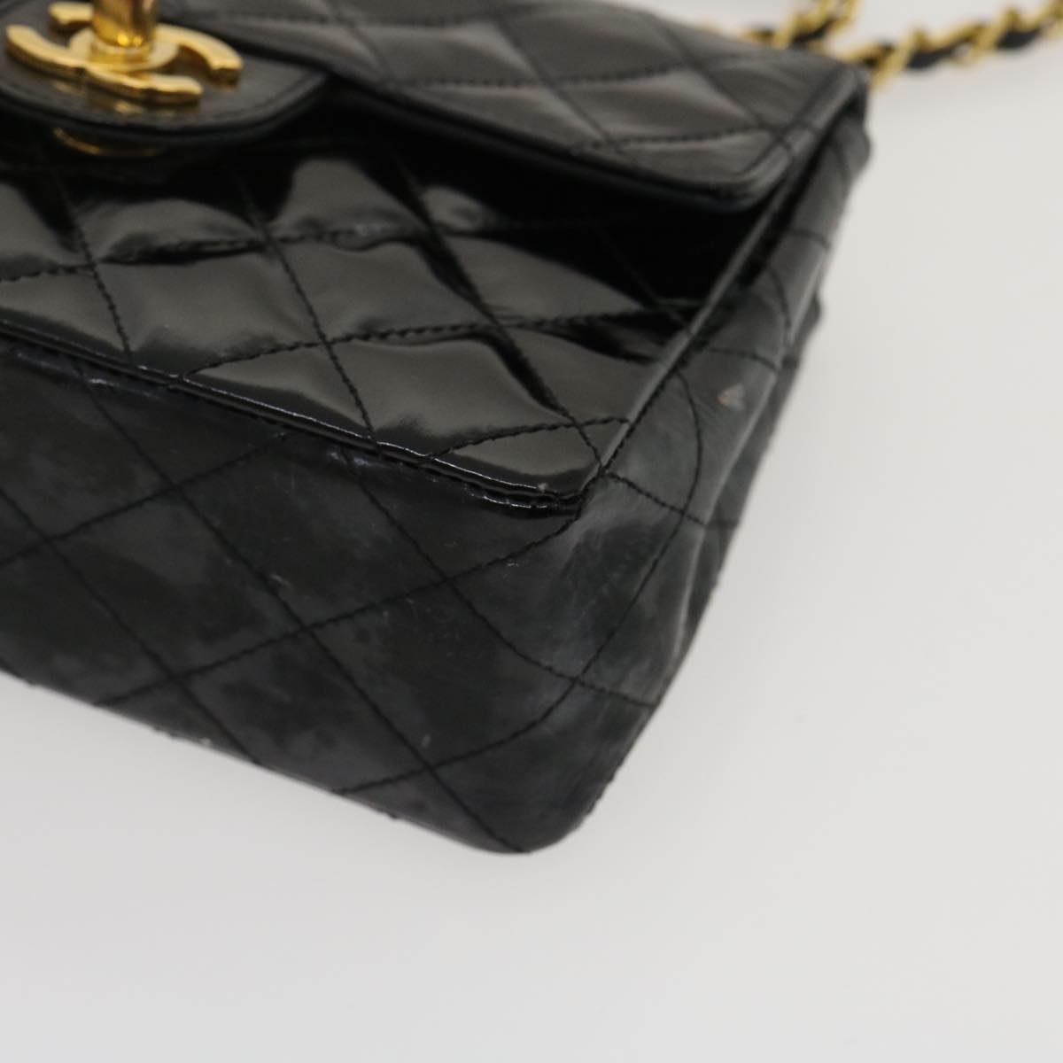 CHANEL Mini Matelasse Chain Flap Shoulder Bag Enamel Black Gold CC  ar6839A