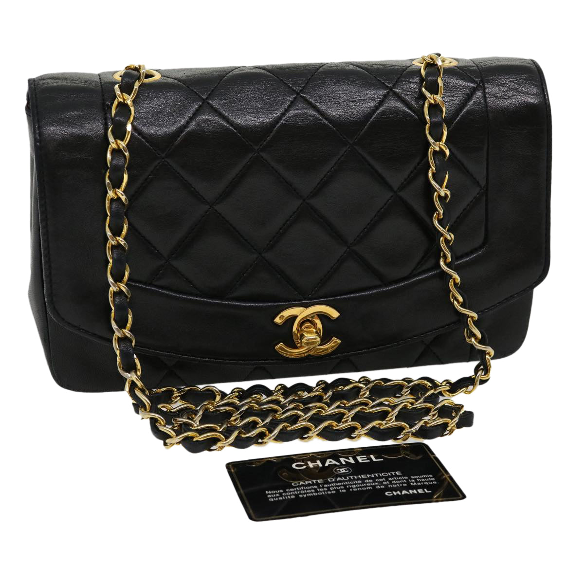 Luxury Chanel Matelasse Diana Turn Lock Chain Shoulder Bag Lamb Skin Black  ar7368A