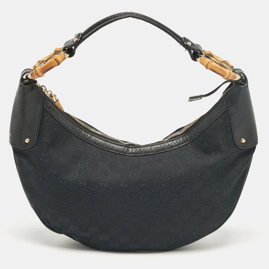 Luxury Gucci Trending 2025 Black GG Canvas and Leather Bamboo Ring Hobo