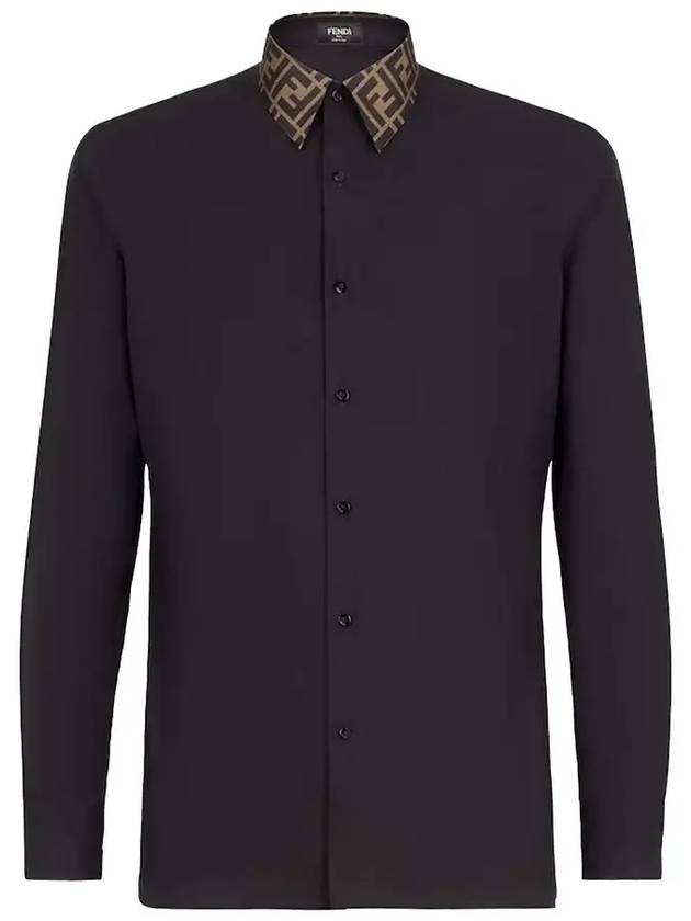 Luxury Fendi FF Jacquard Collar Slim Fit Poplin Long Sleeve Shirt Black