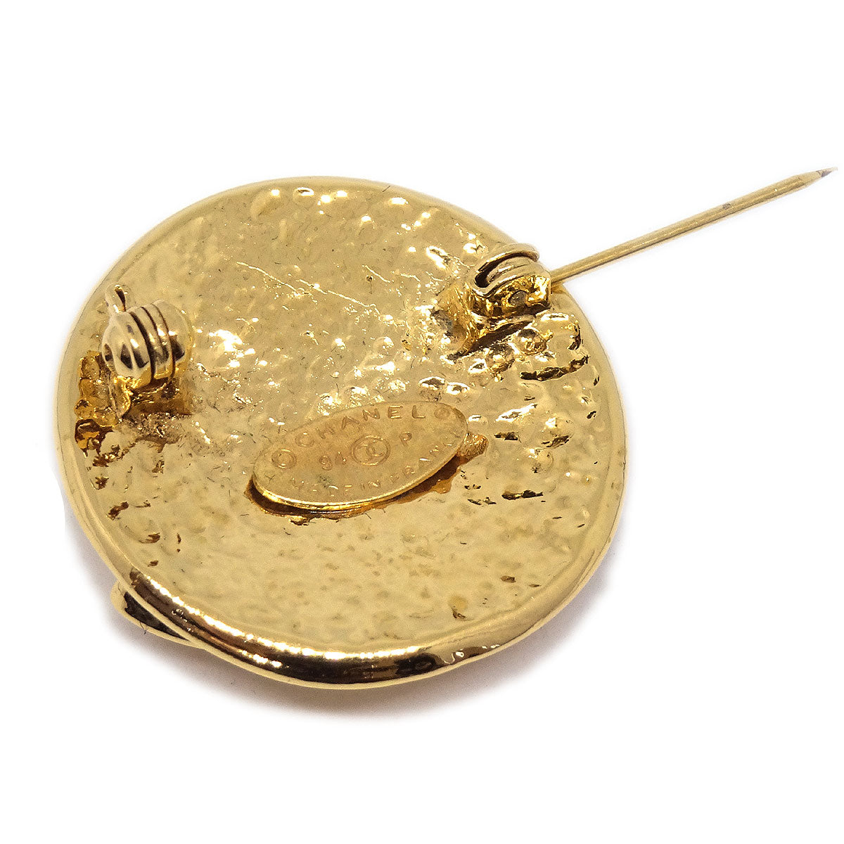 Luxury Chanel 1994 CC Round Brooch Pin Gold Small
