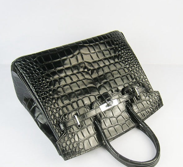 Luxury Hermes Birkin 35cm Crocodile Big Veins Handbags Black Silver