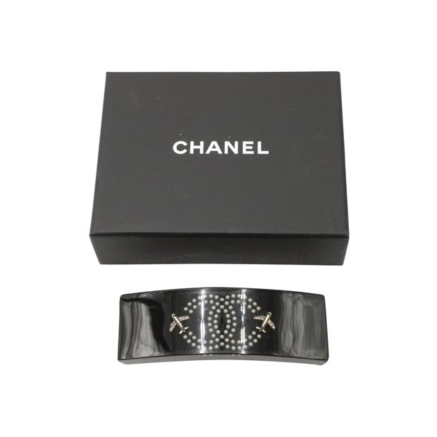 Luxury Chanel Black Hair Barrette With Pearl Cc Logo & Gold Planes