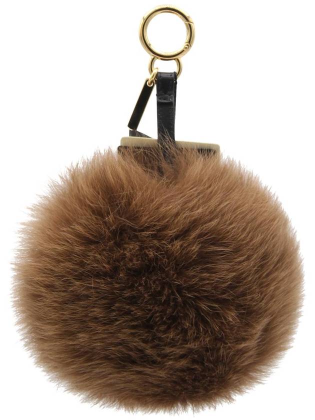 Luxury Fendi Pom Pom Fur Leather Key Holder Brown
