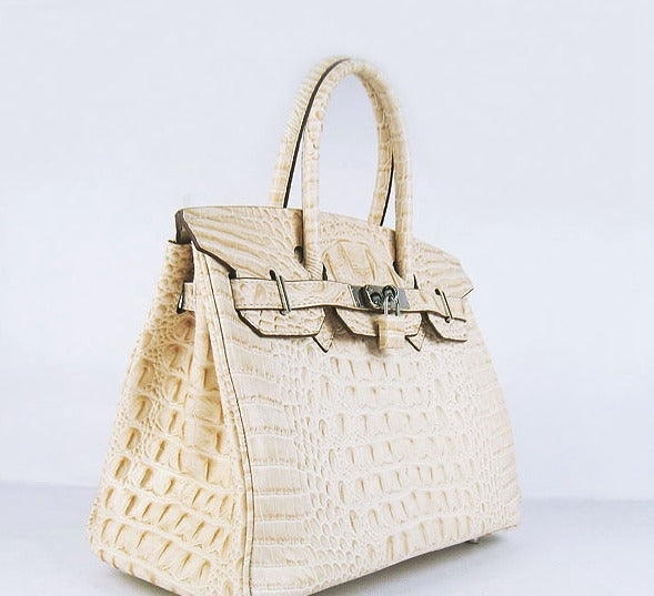 Luxury Hermes Birkin 30cm Crocodile Head Vein Handbags Beige Silver