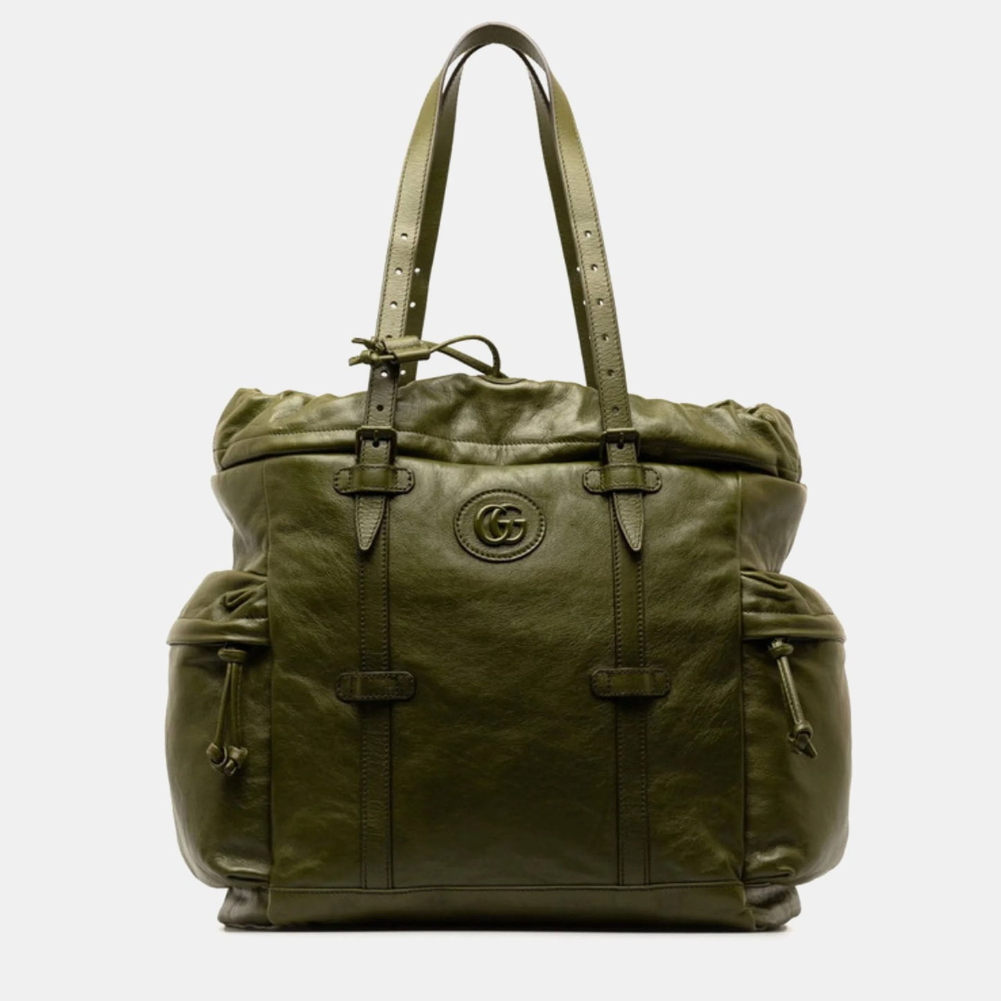 Luxury Gucci Trending 2025 Green Leather Double G Drawstring Tote Bag