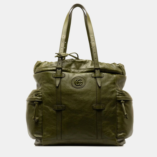Luxury Gucci Trending 2025 Green Leather Double G Drawstring Tote Bag